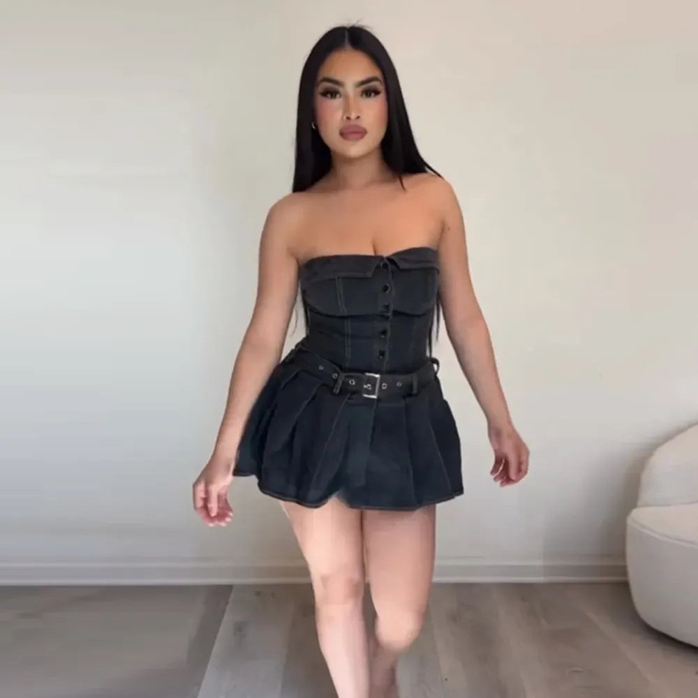 Adriana Strapless Corset Flared Denim Mini Dress