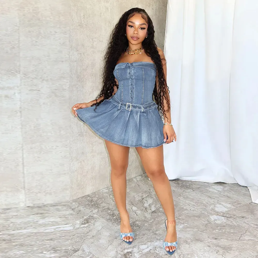 Adriana Strapless Corset Flared Denim Mini Dress