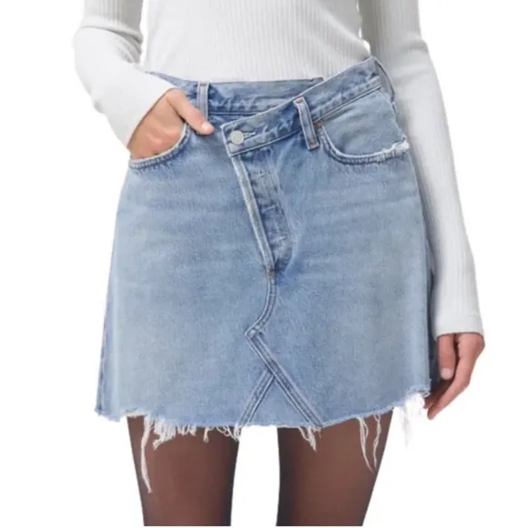 Agolde Criss Cross Buttonfly Distressed Denim Skirt Size 27