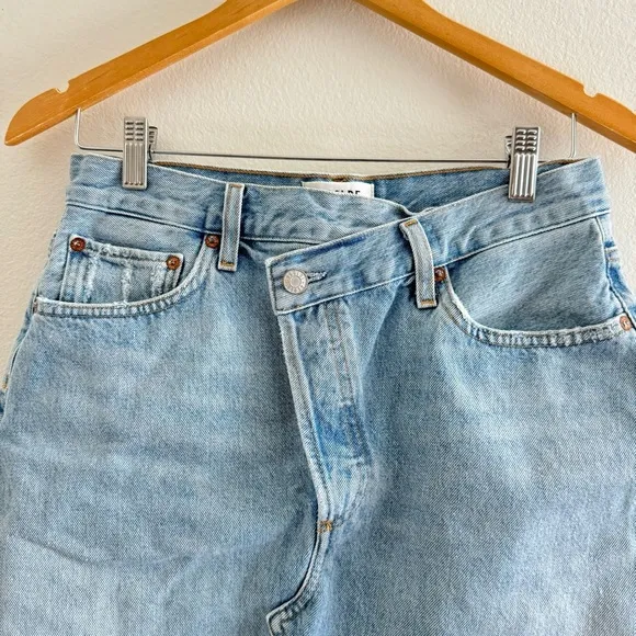 Agolde Criss Cross Buttonfly Distressed Denim Skirt Size 27