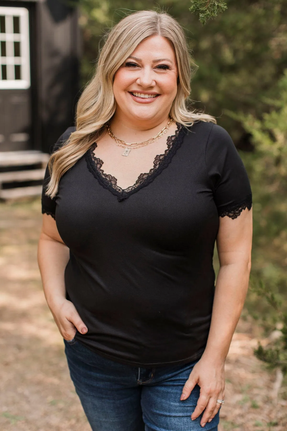 All Your Hopes Lace Trimmed Top- Black