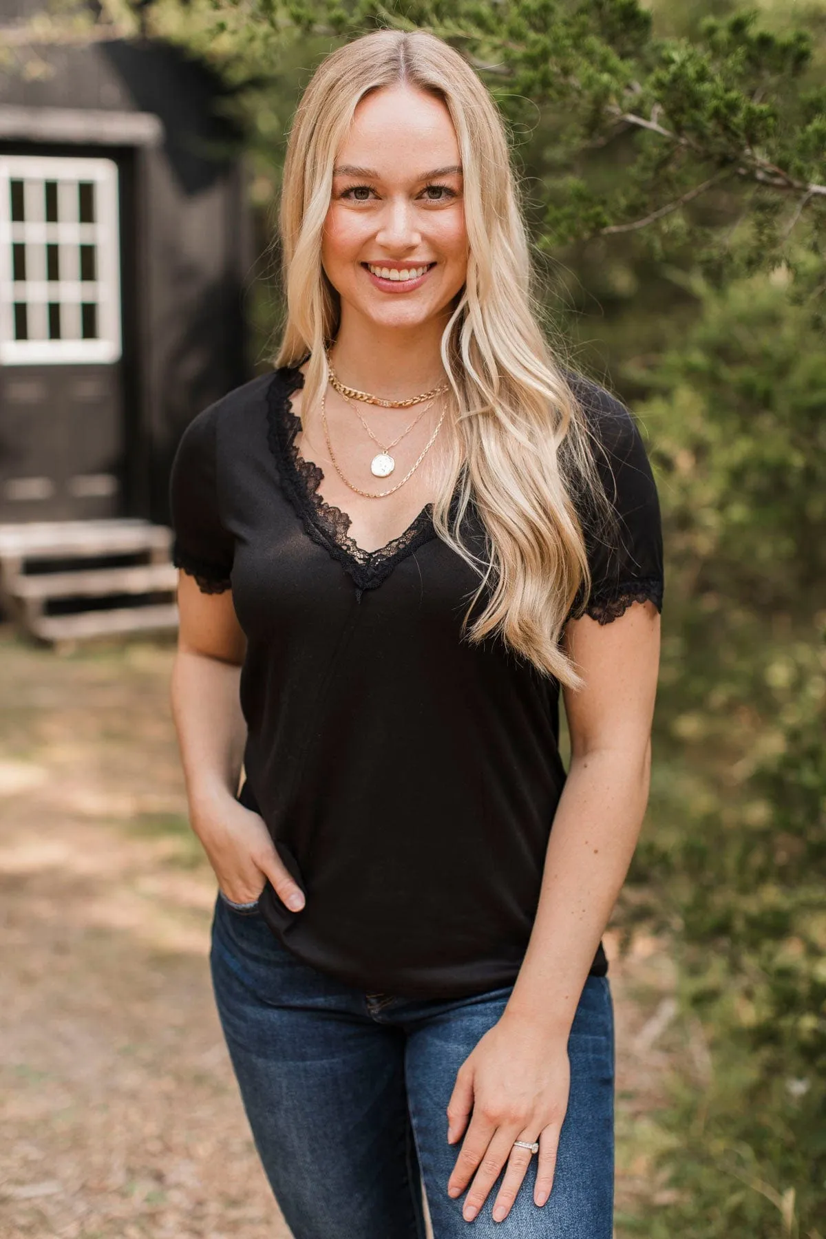 All Your Hopes Lace Trimmed Top- Black