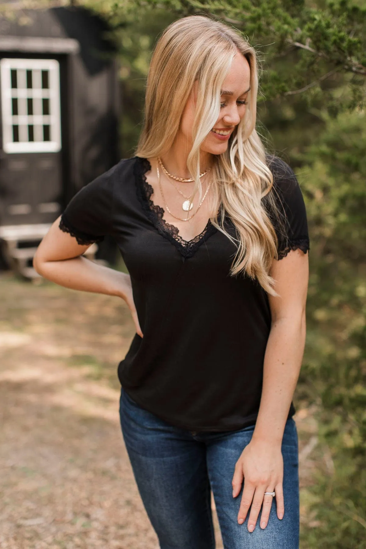 All Your Hopes Lace Trimmed Top- Black