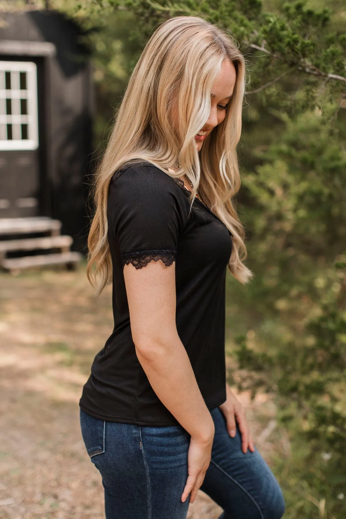 All Your Hopes Lace Trimmed Top- Black