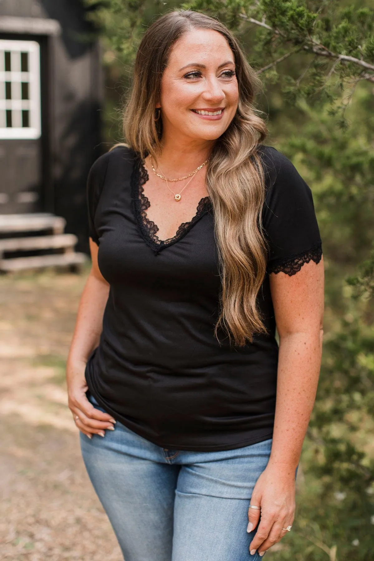 All Your Hopes Lace Trimmed Top- Black