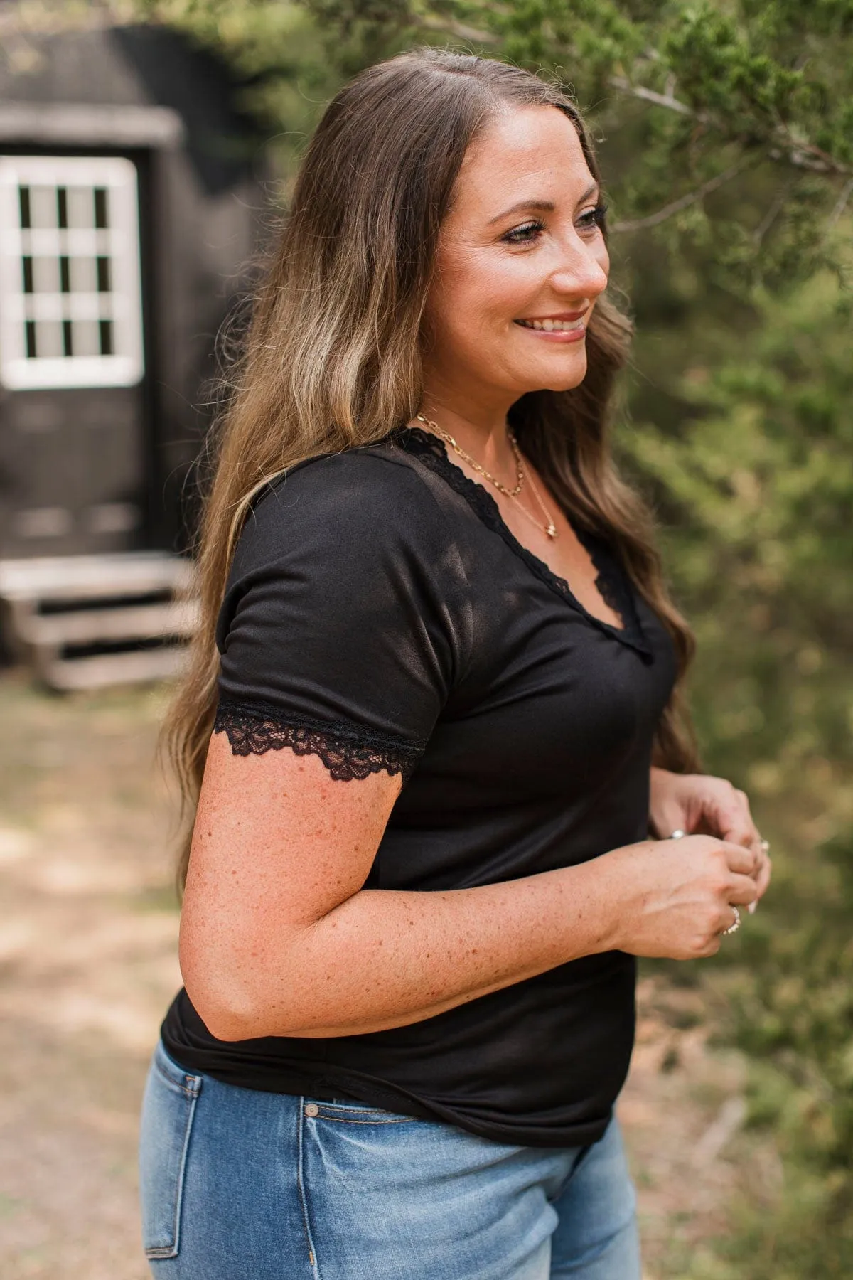 All Your Hopes Lace Trimmed Top- Black