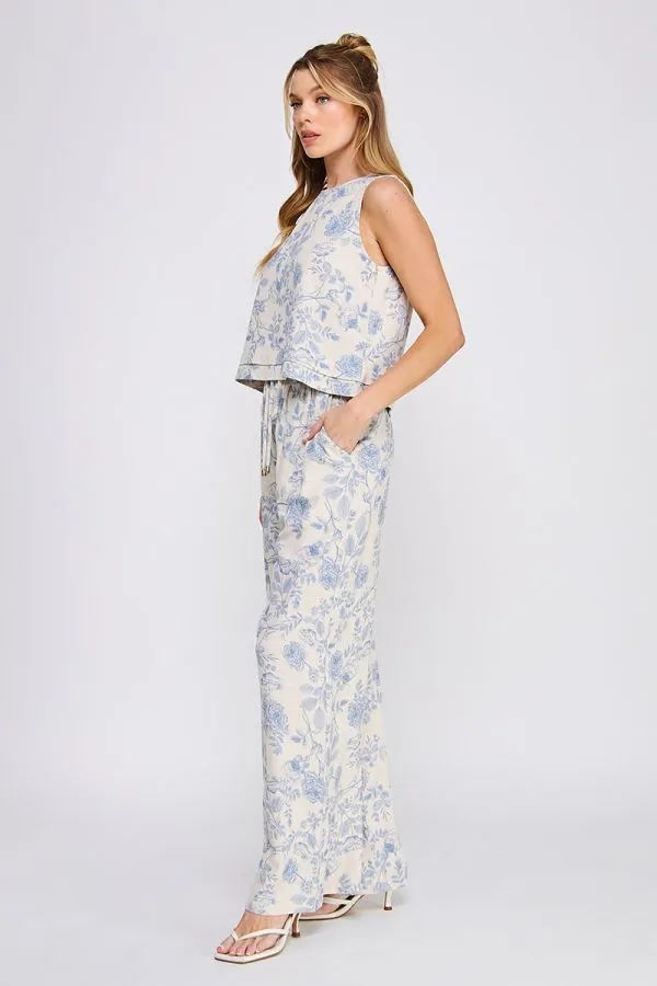 Allie Floral Linen Blend Tank Top - Blue Blossom