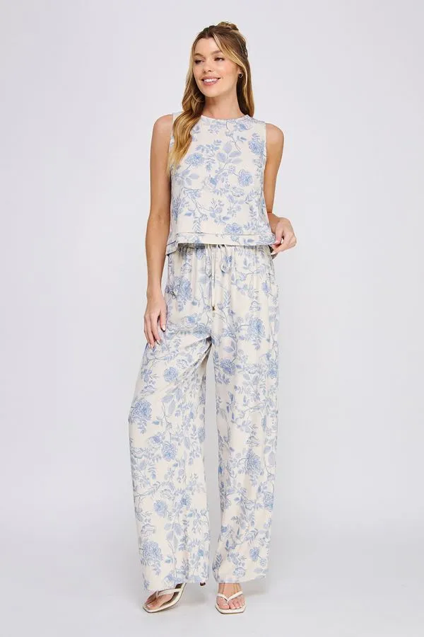 Allie Floral Linen Blend Tank Top - Blue Blossom