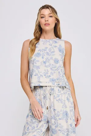 Allie Floral Linen Blend Tank Top - Blue Blossom