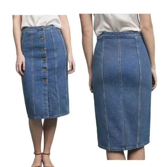ANTHROPOLOGIE PILCRO Button Front Knee Length Denim Skirt size 14