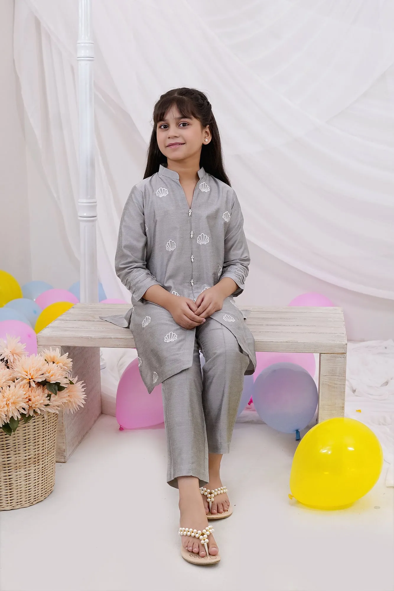 Ash Gre Embroidered Chiffon