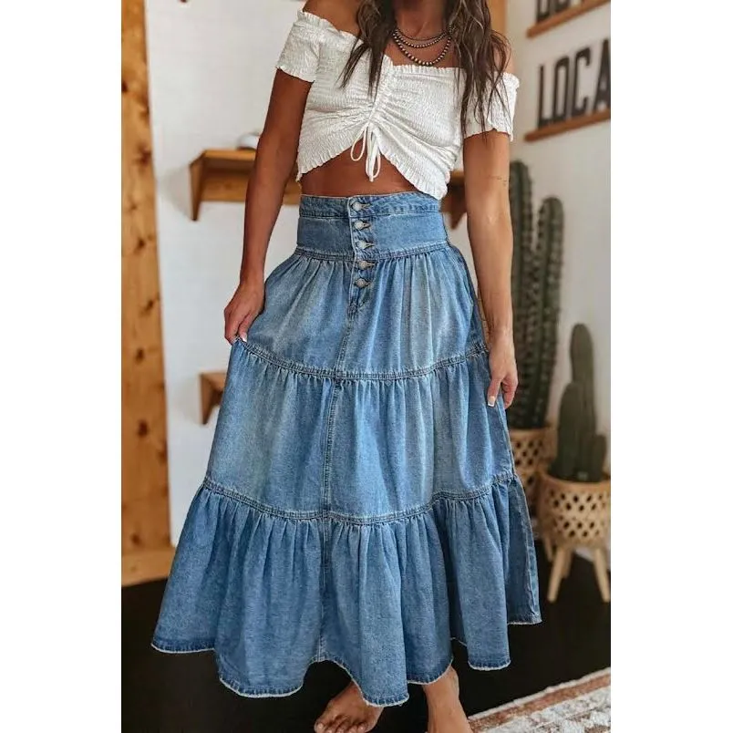 Avalon Button Front Tiered Denim Skirt