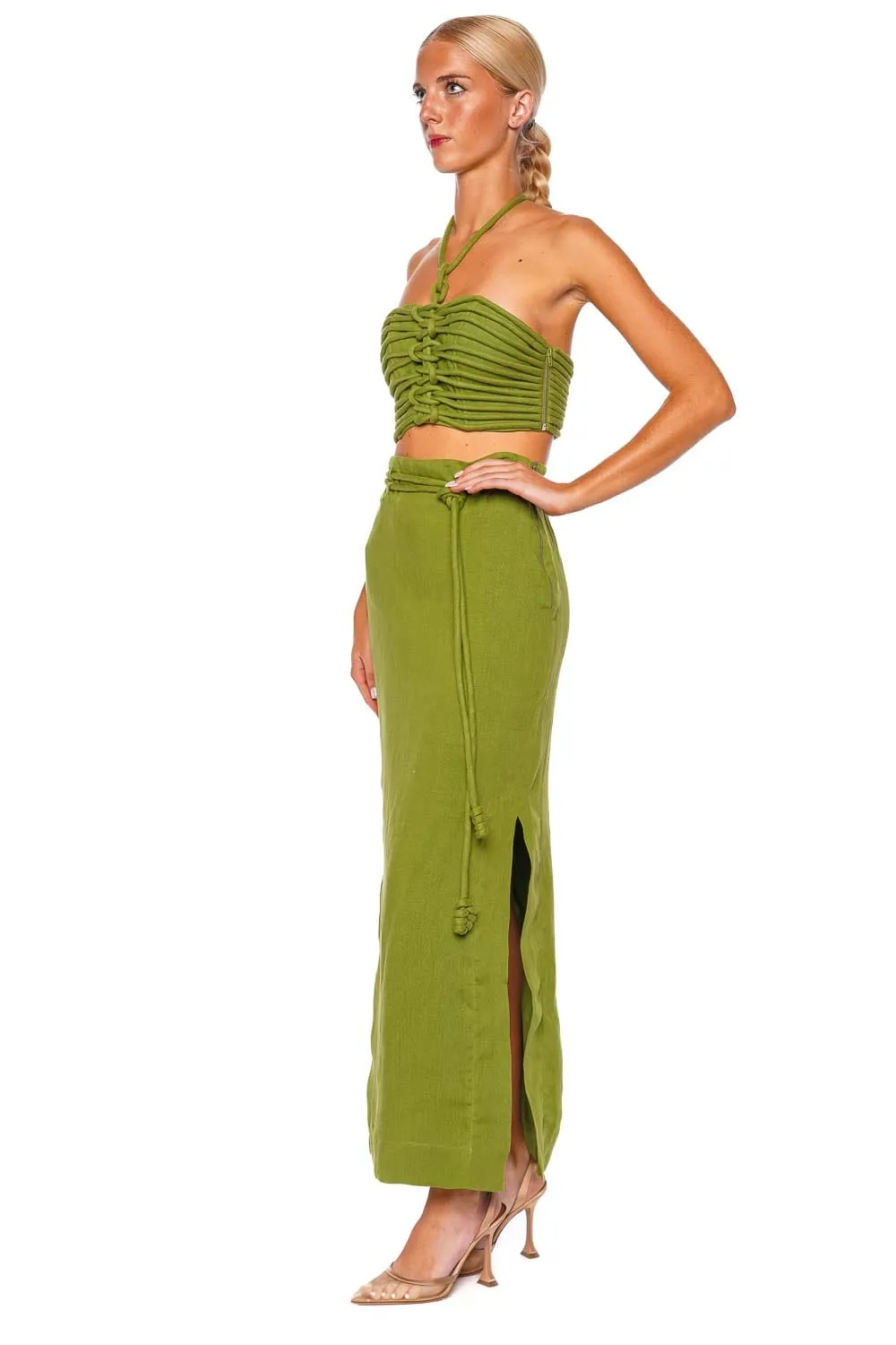 Ayla Knotted Linen Halter Crop Top