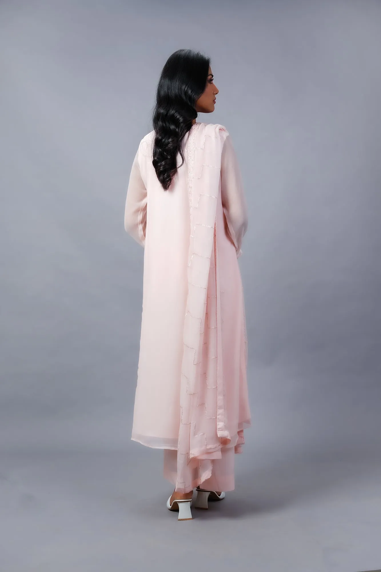 Baby pink chiffon hand-embellished 3-Piece Stitched
