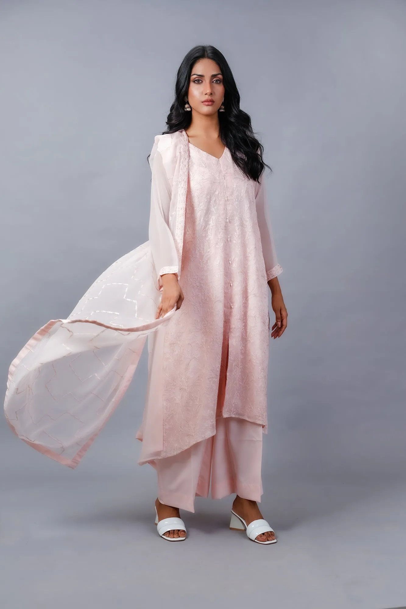 Baby pink chiffon hand-embellished 3-Piece Stitched