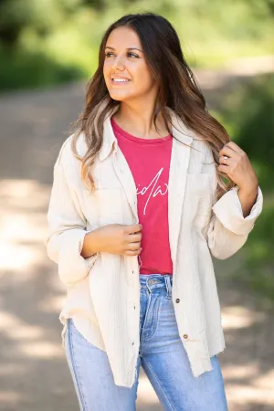 Beige Gauze Textured Button Up Top