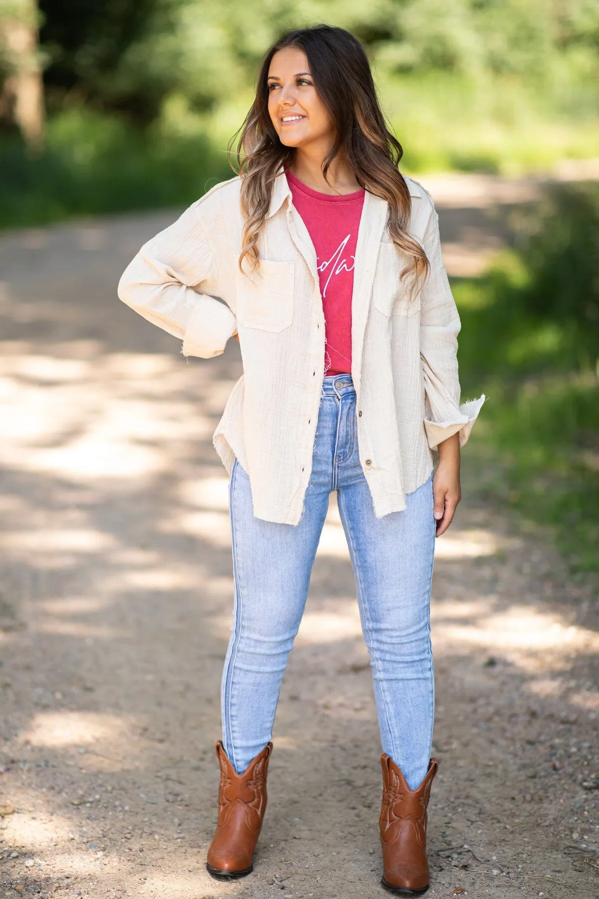 Beige Gauze Textured Button Up Top