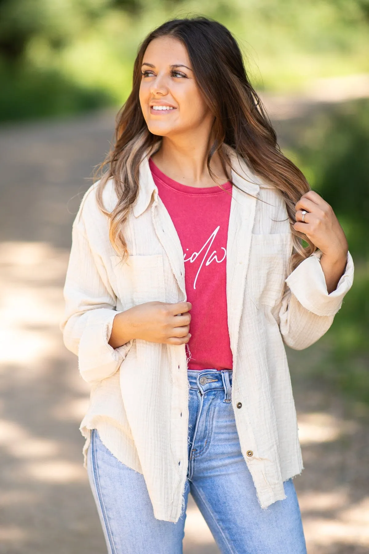 Beige Gauze Textured Button Up Top