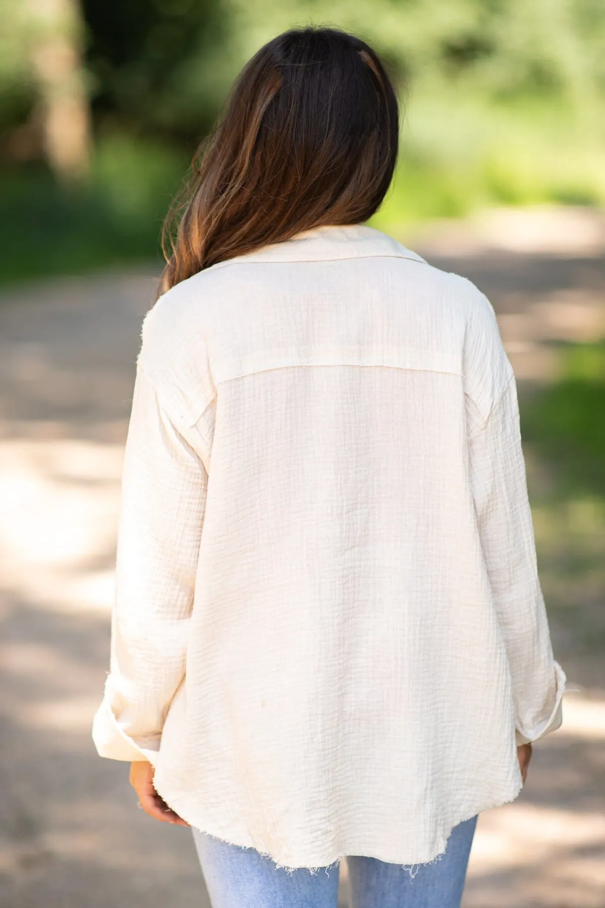 Beige Gauze Textured Button Up Top