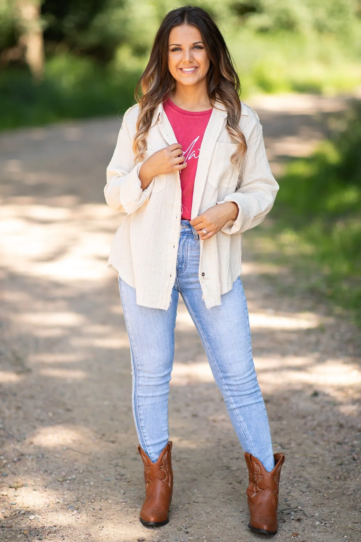 Beige Gauze Textured Button Up Top