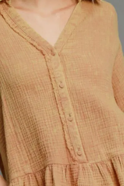 Beige Mineral Washed Cotton Gauze Top