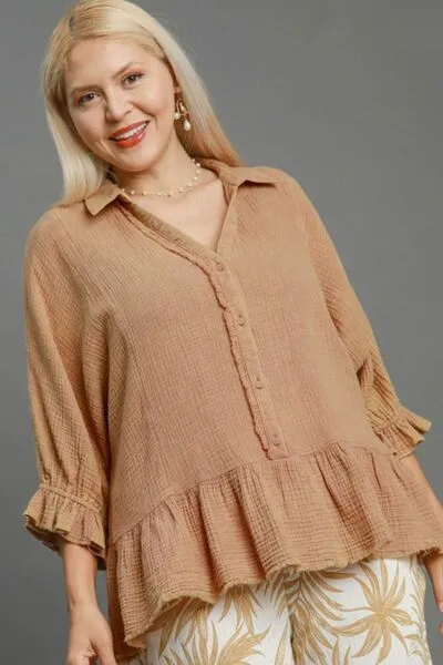 Beige Mineral Washed Cotton Gauze Top