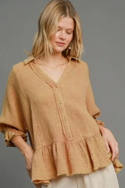 Beige Mineral Washed Cotton Gauze Top