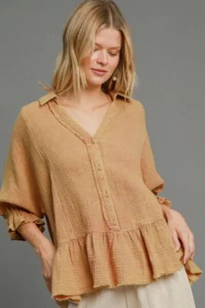 Beige Mineral Washed Cotton Gauze Top