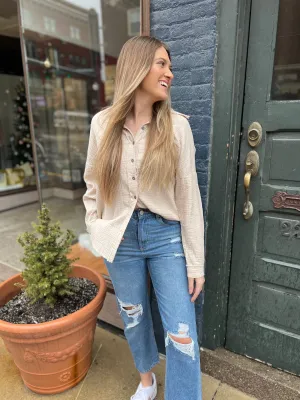 Beige Oversized Raw Edge Shirt