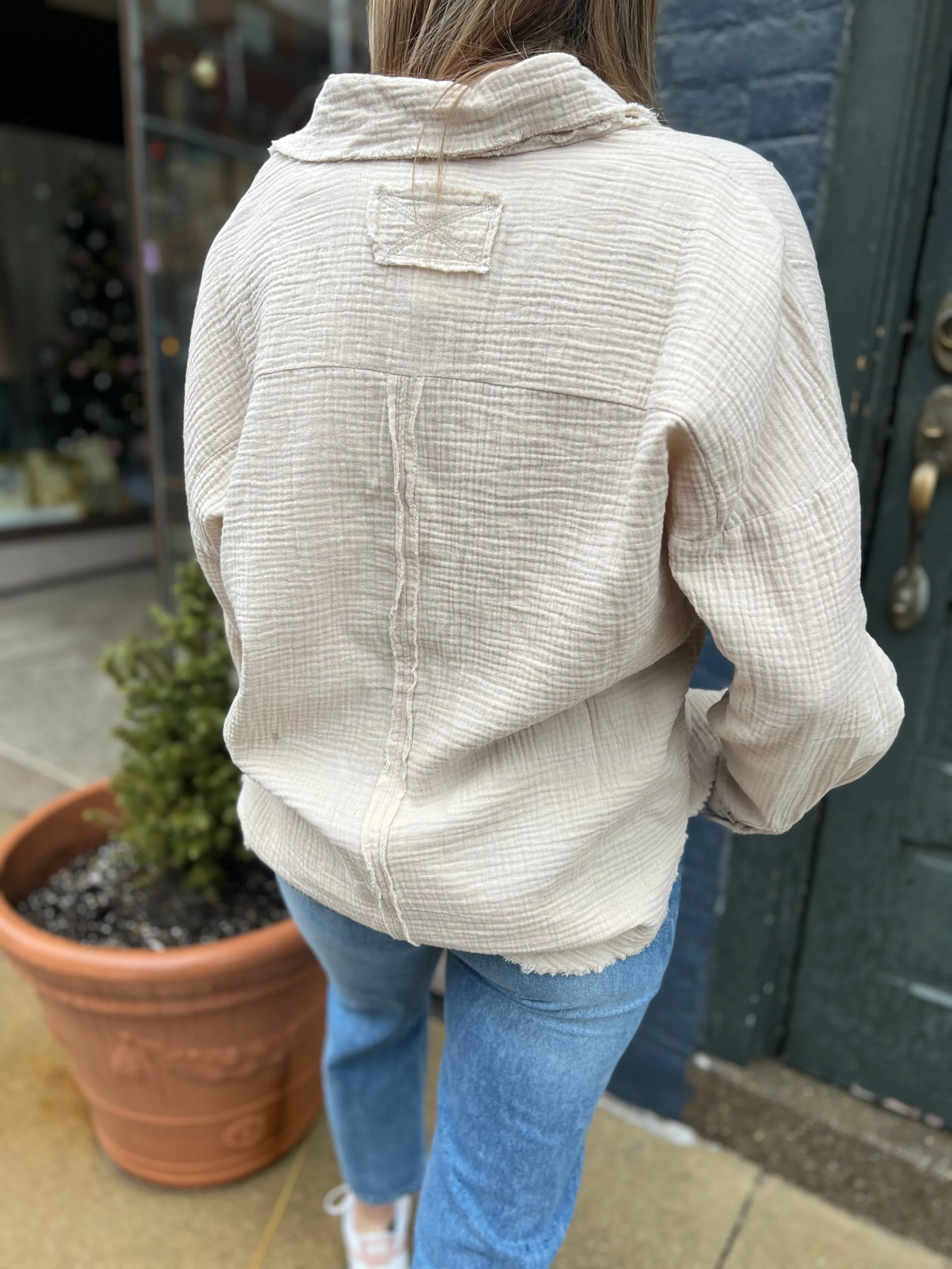 Beige Oversized Raw Edge Shirt