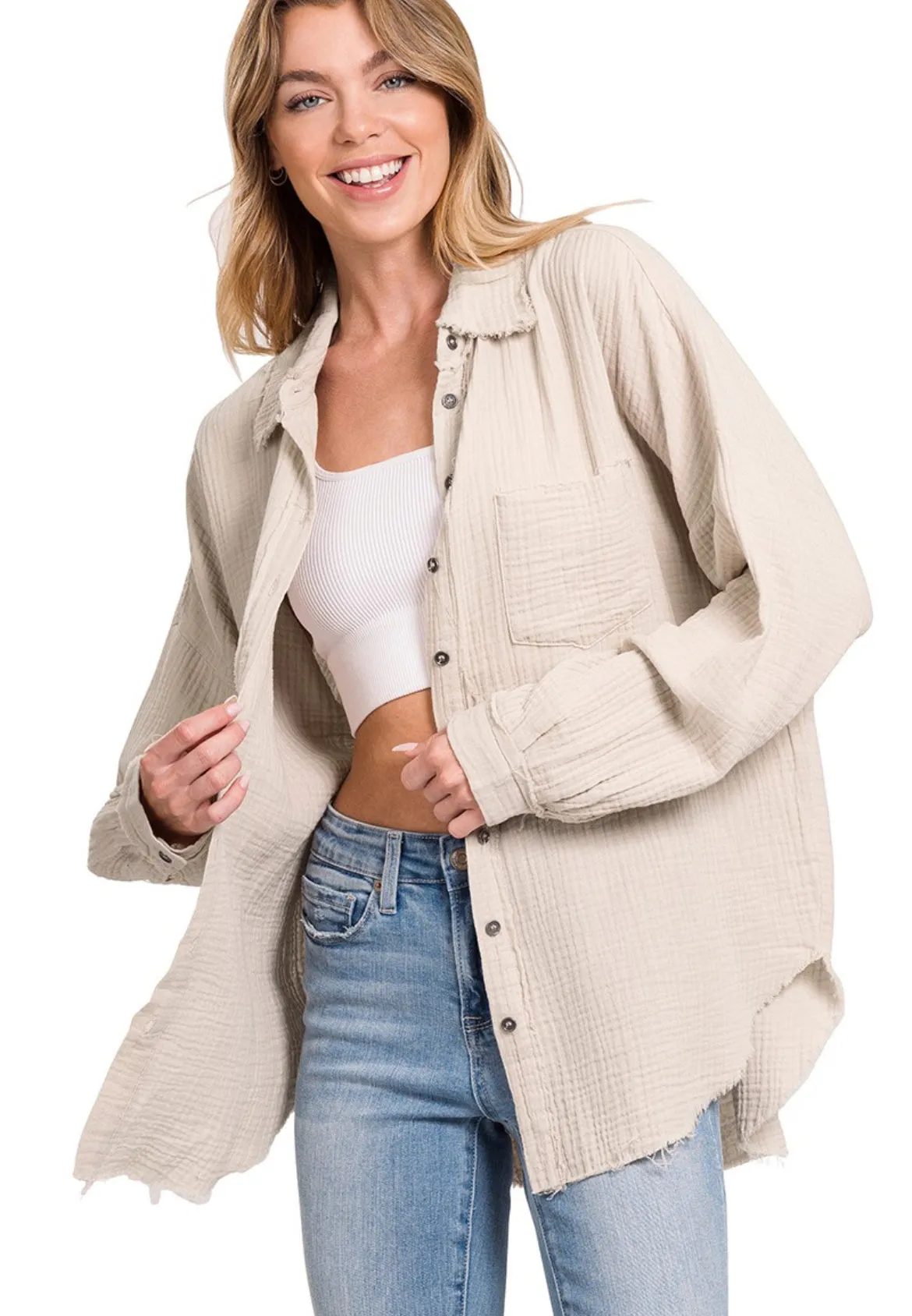 Beige Oversized Raw Edge Shirt
