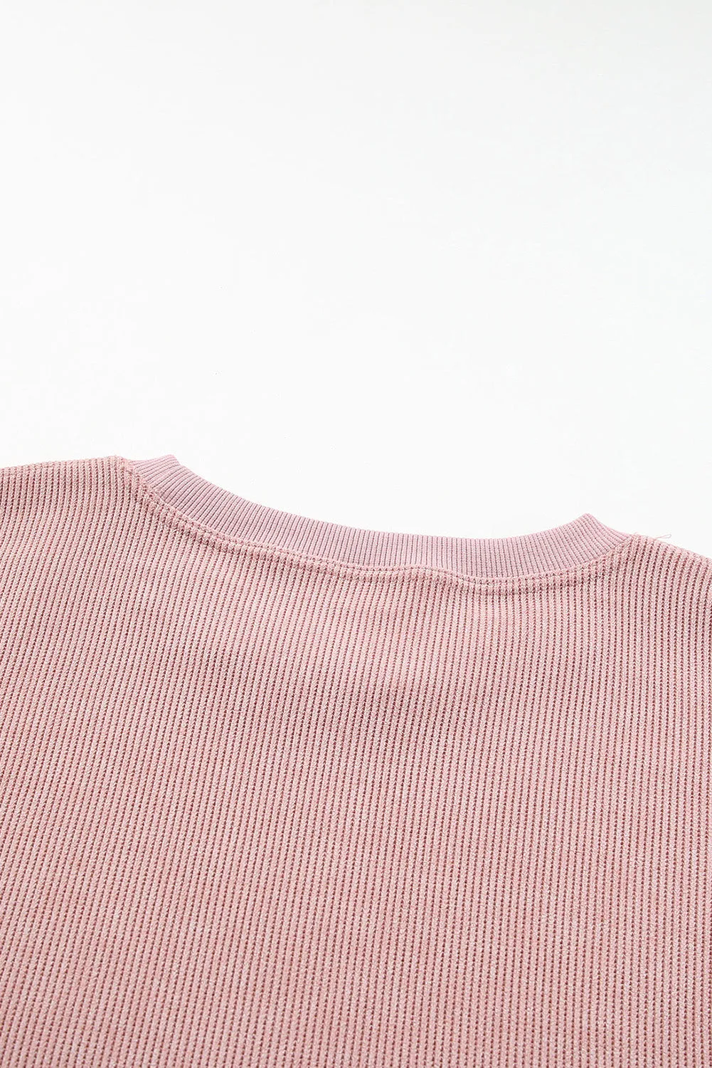BerryBetty - Pink Solid Ribbed Knit Round Neck Pullover Sweatshirt