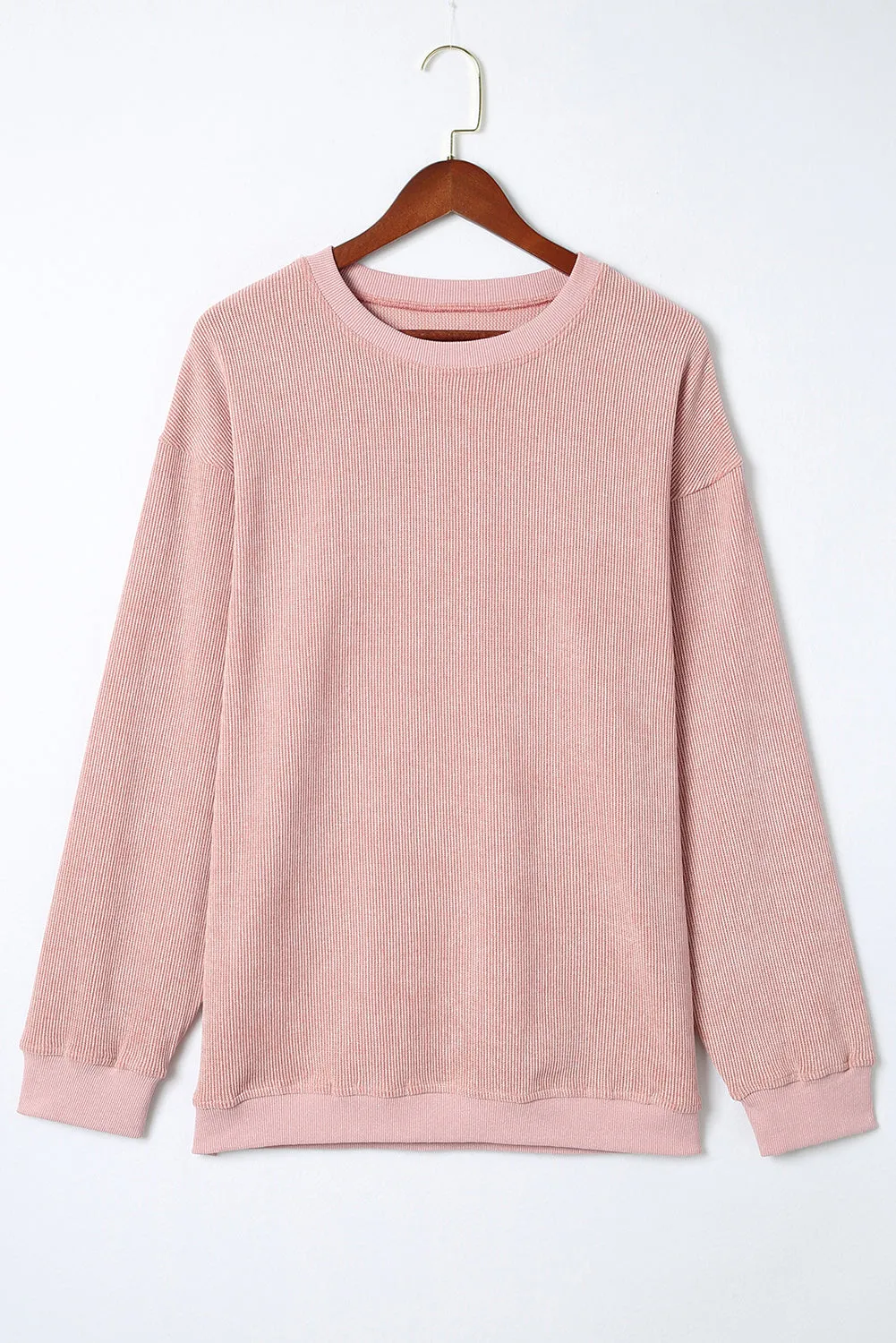 BerryBetty - Pink Solid Ribbed Knit Round Neck Pullover Sweatshirt