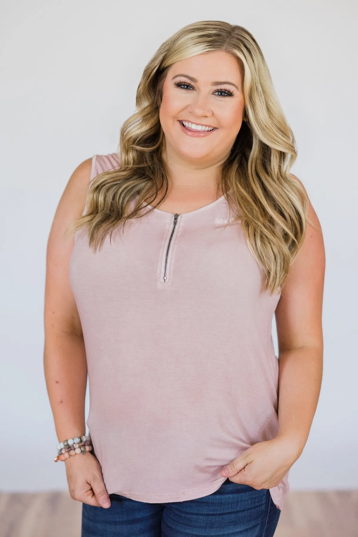 Best of my Days Lace & Zipper Tank Top- Vintage Blush