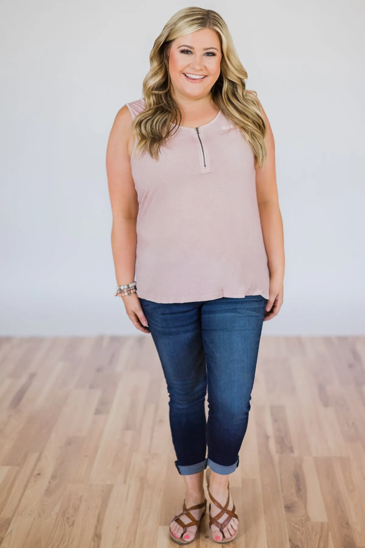 Best of my Days Lace & Zipper Tank Top- Vintage Blush