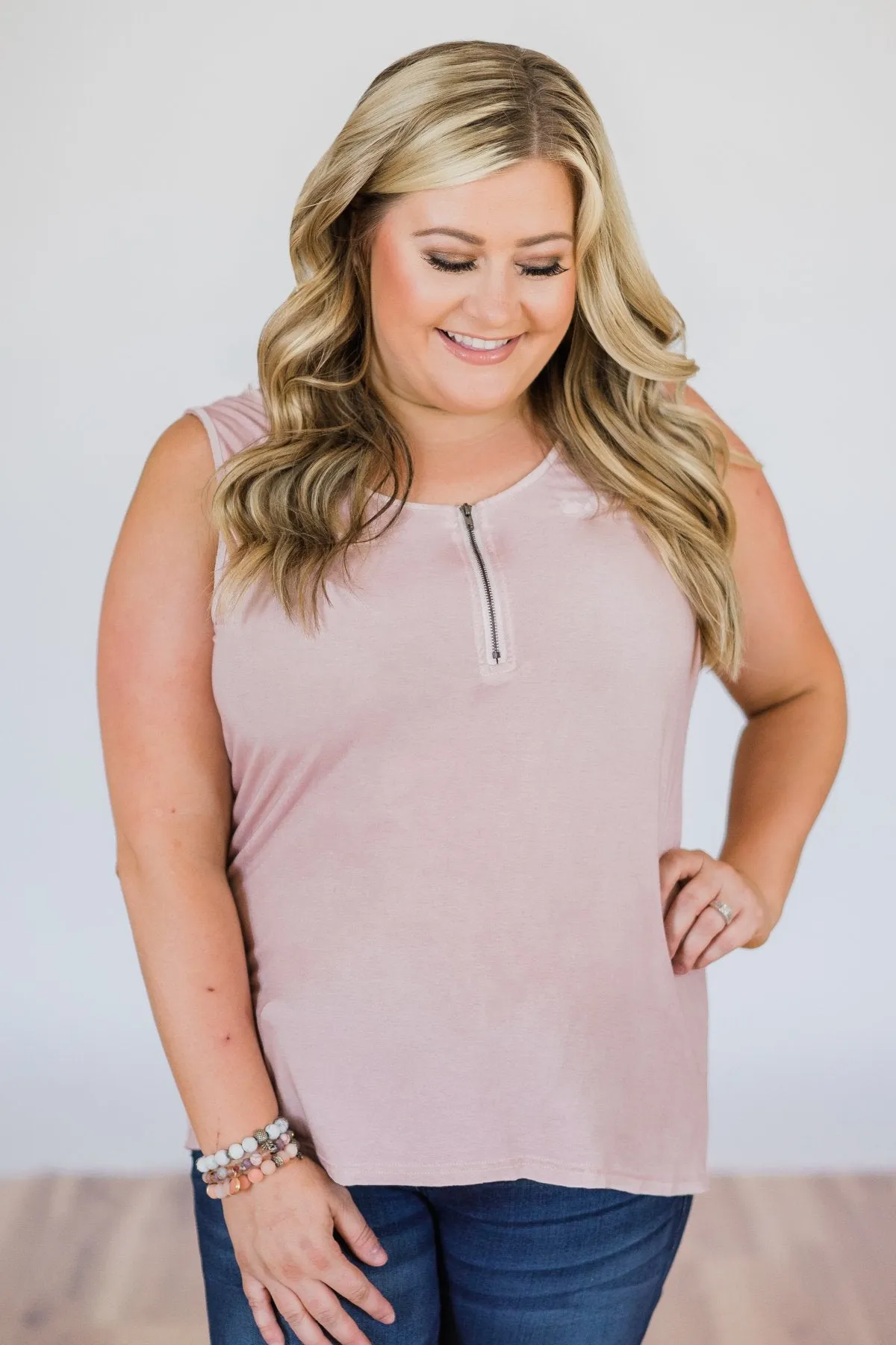 Best of my Days Lace & Zipper Tank Top- Vintage Blush