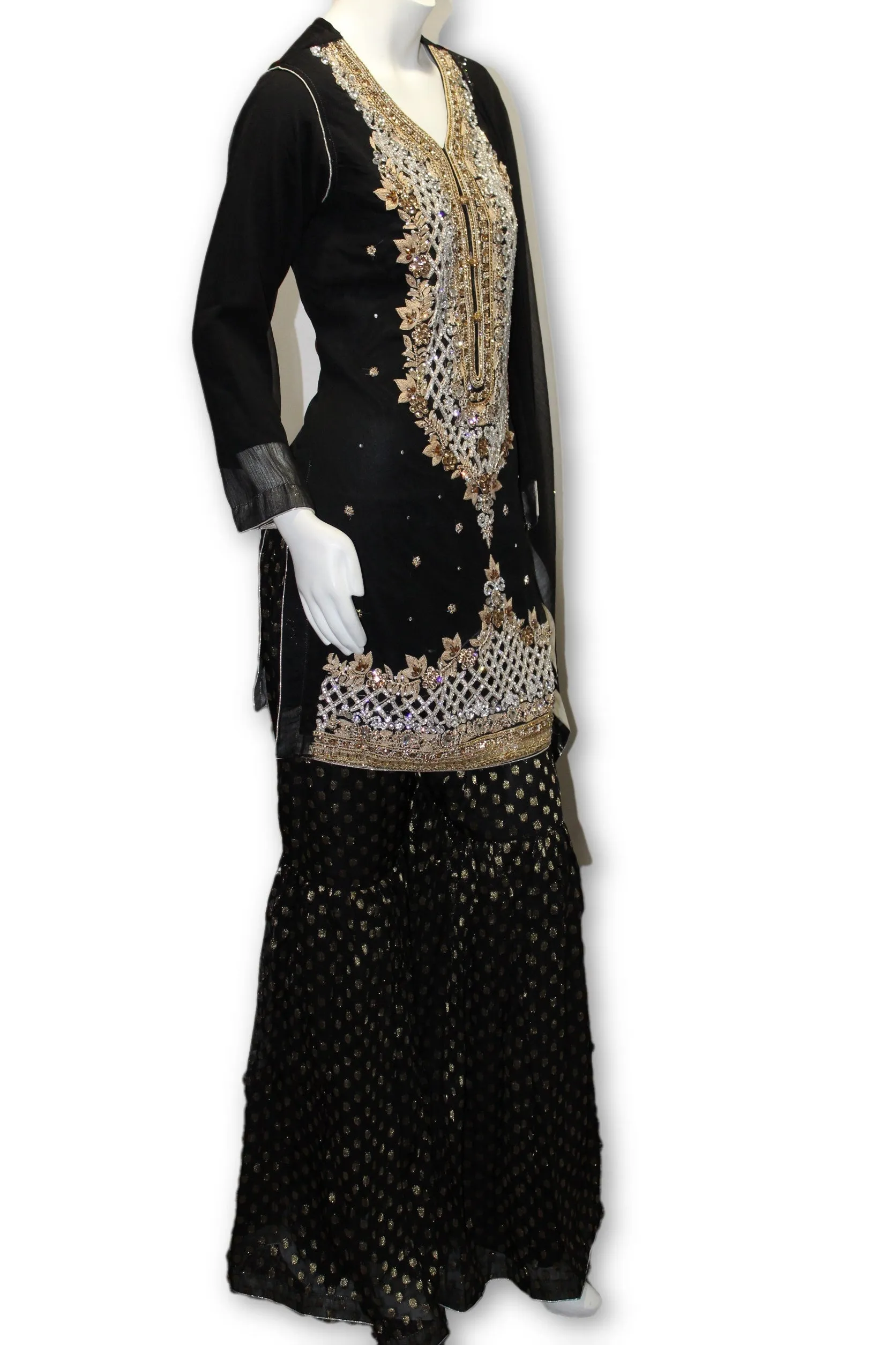 Black Beauty Fancy Wedding 3 Pcs Gharara Pants Suit Pakistani Indian Style