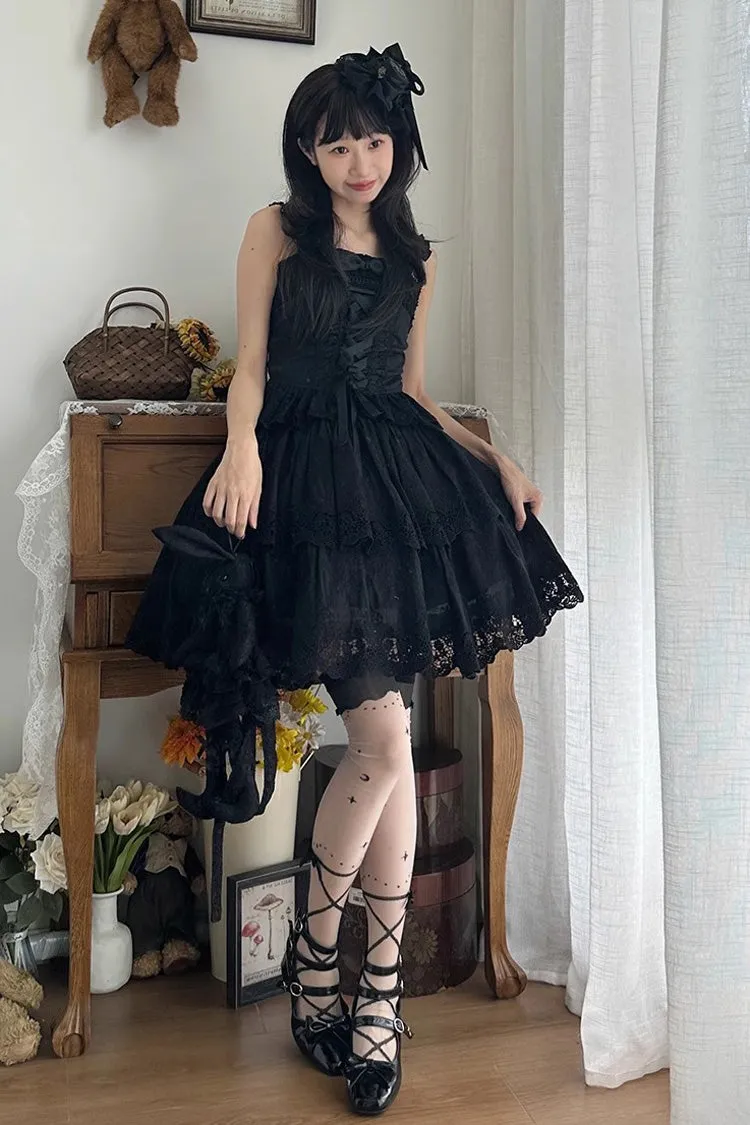 Black [Forest Waltz] Embroidery Bowknot Lace-Up Slim Sweet Elegant Lolita Suspender Top