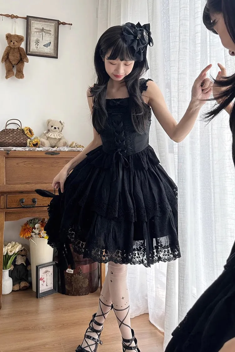 Black [Forest Waltz] Embroidery Bowknot Lace-Up Slim Sweet Elegant Lolita Suspender Top