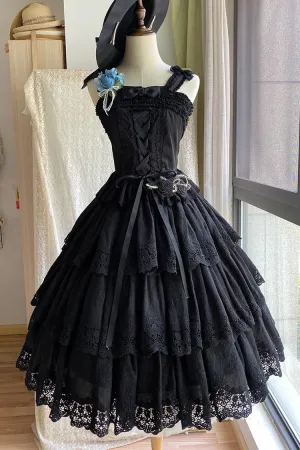 Black [Forest Waltz] Embroidery Bowknot Lace-Up Slim Sweet Elegant Lolita Suspender Top