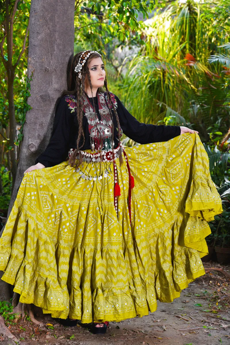 Block print Assuit pattern skirt olive/silver WLS