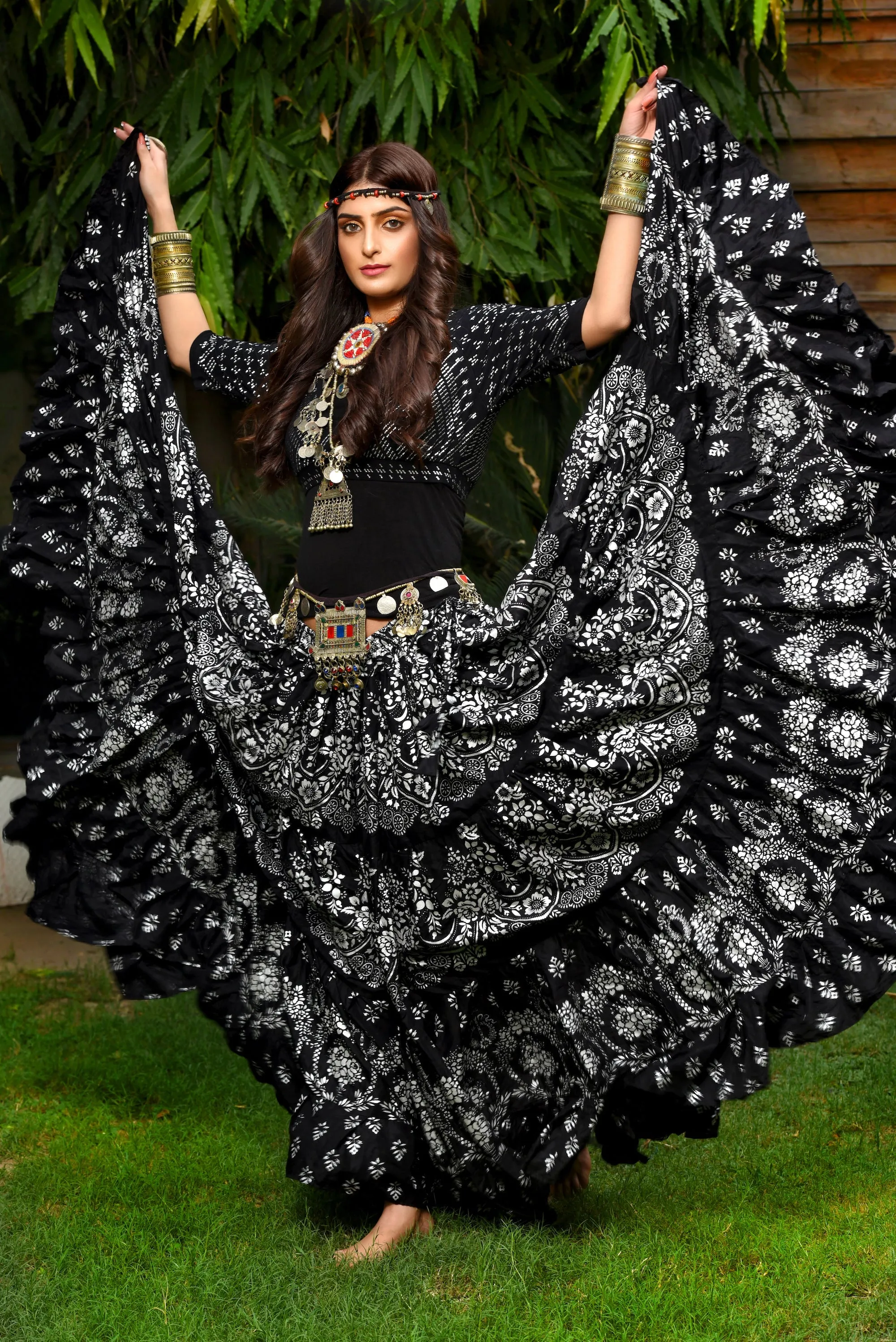 Block print Assuit pattern skirt Oriental Border Black/White WLS