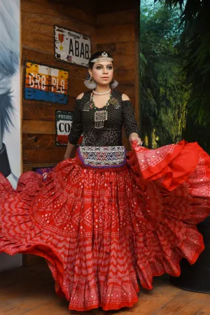 Block print Assuit pattern skirt red/silver WLS