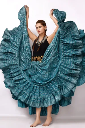 Block print Assuit pattern skirt teal/silver