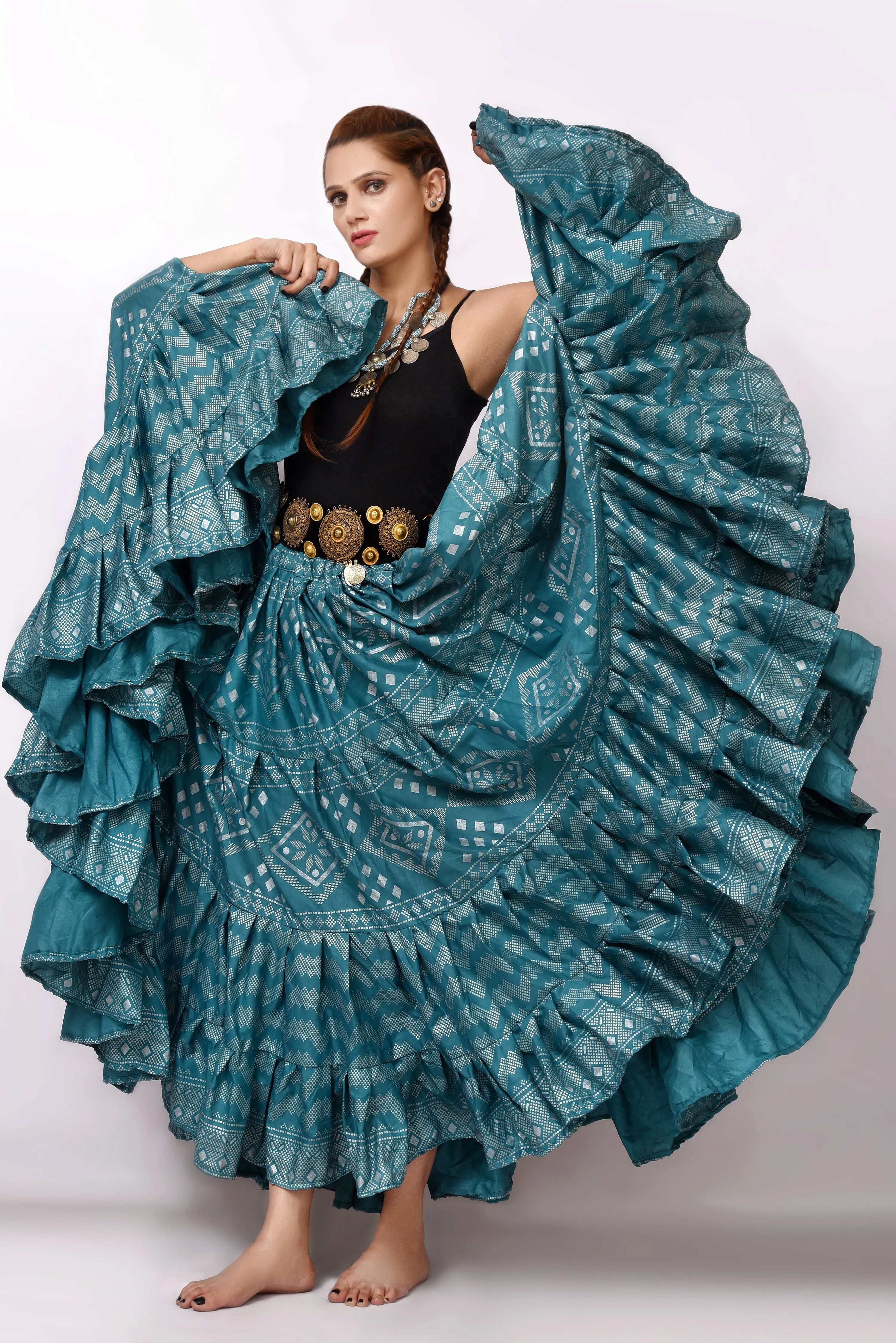 Block print Assuit pattern skirt teal/silver