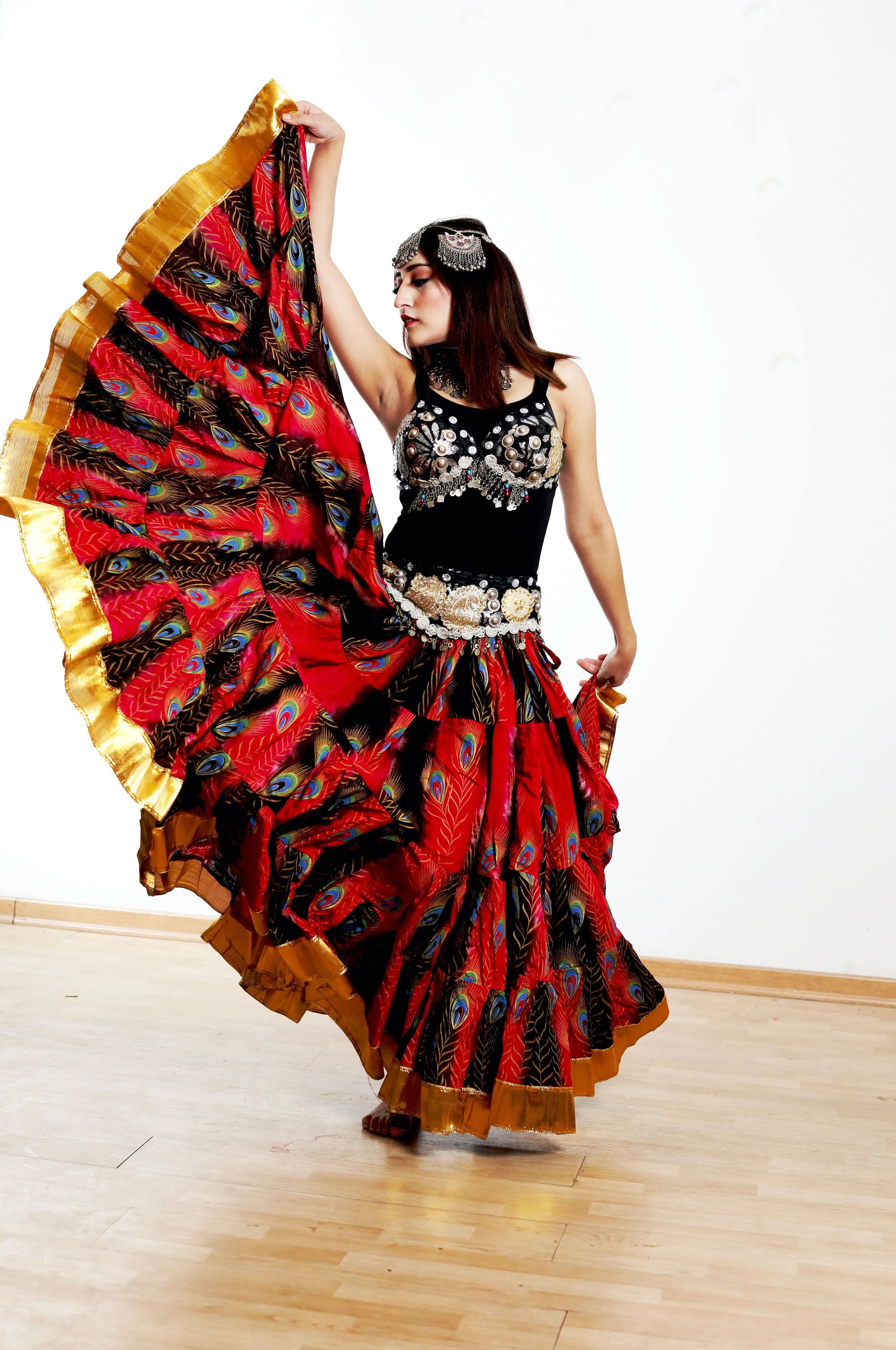 Block print peacock skirt red with gold padma border