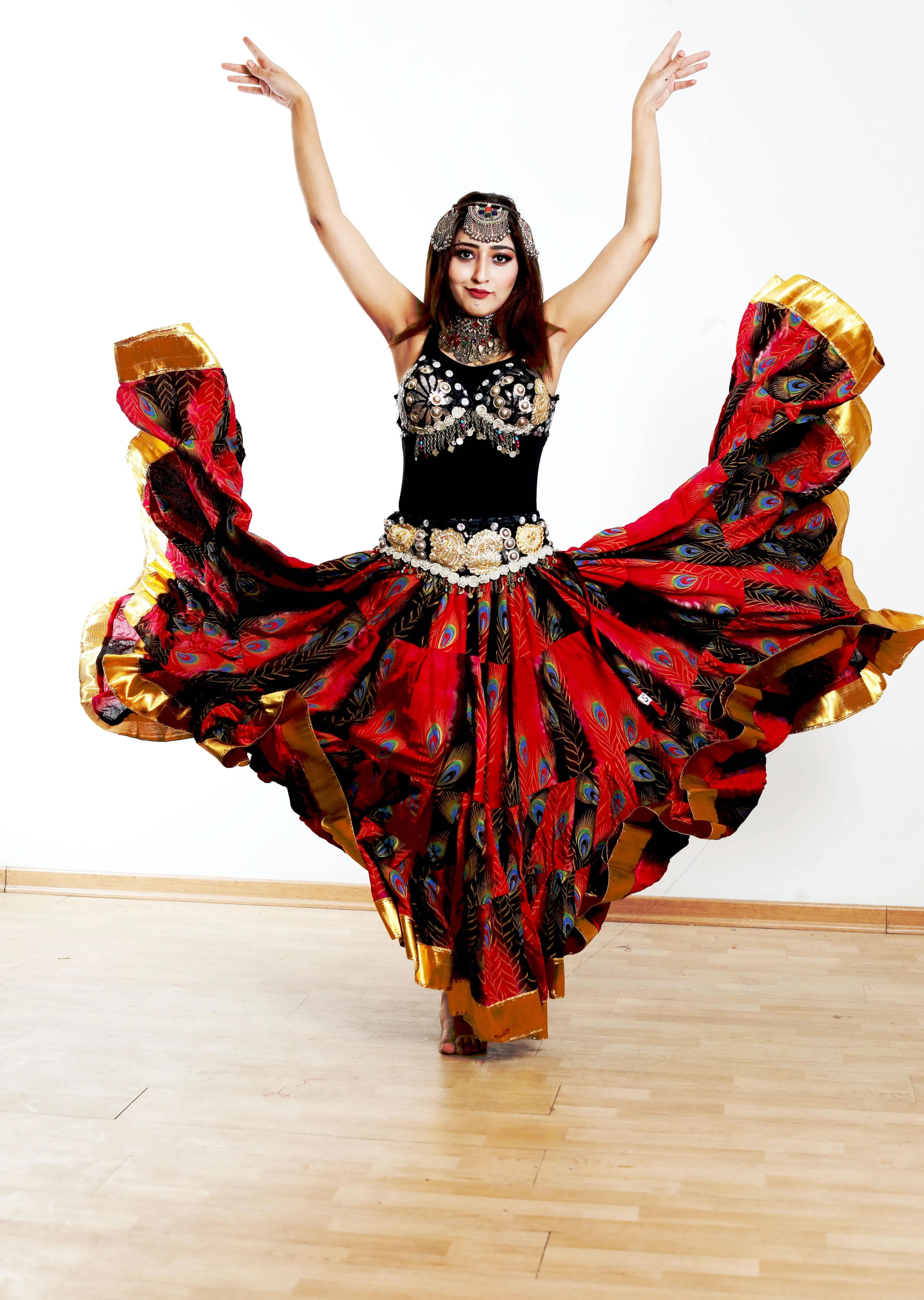 Block print peacock skirt red with gold padma border
