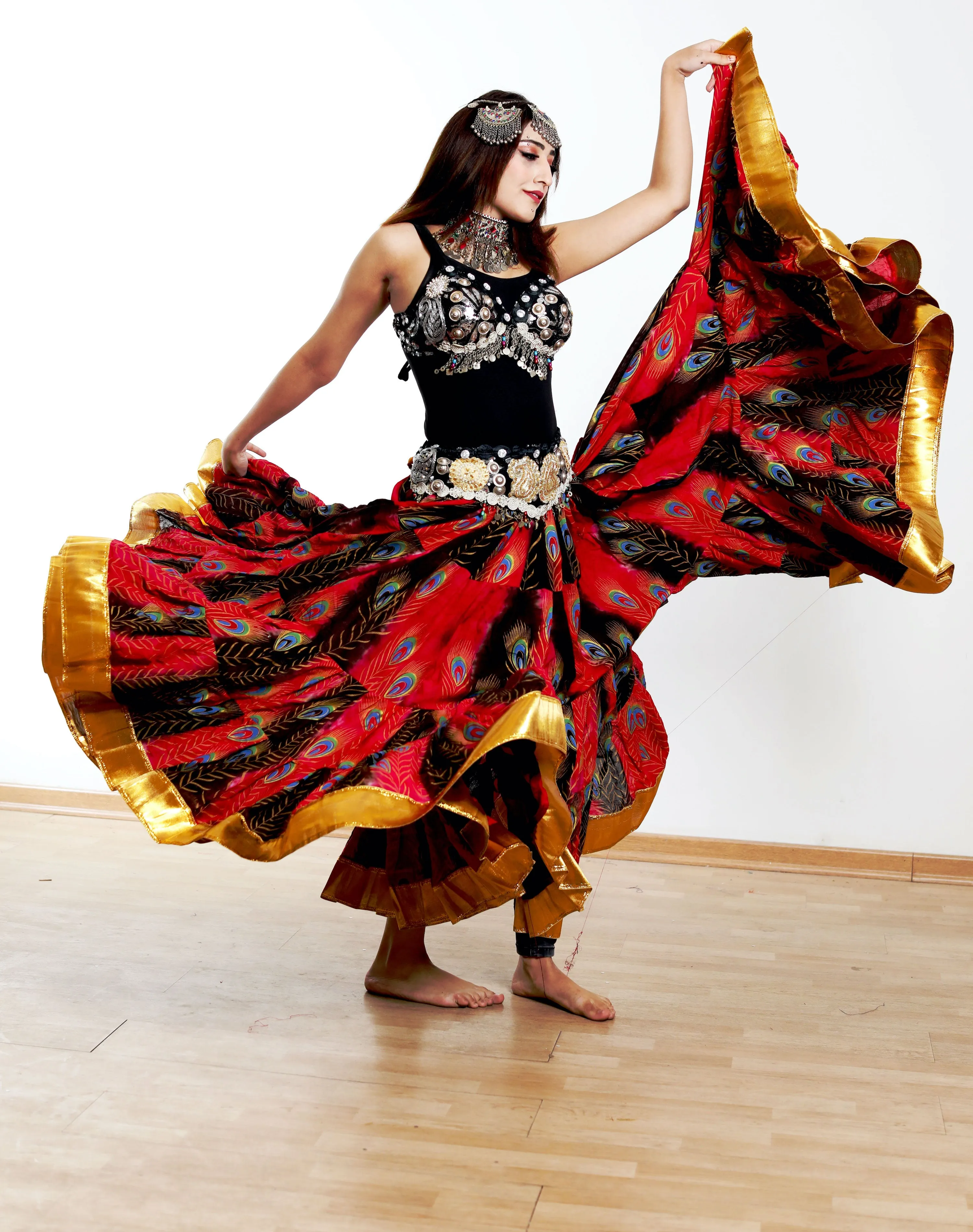 Block print peacock skirt red with gold padma border