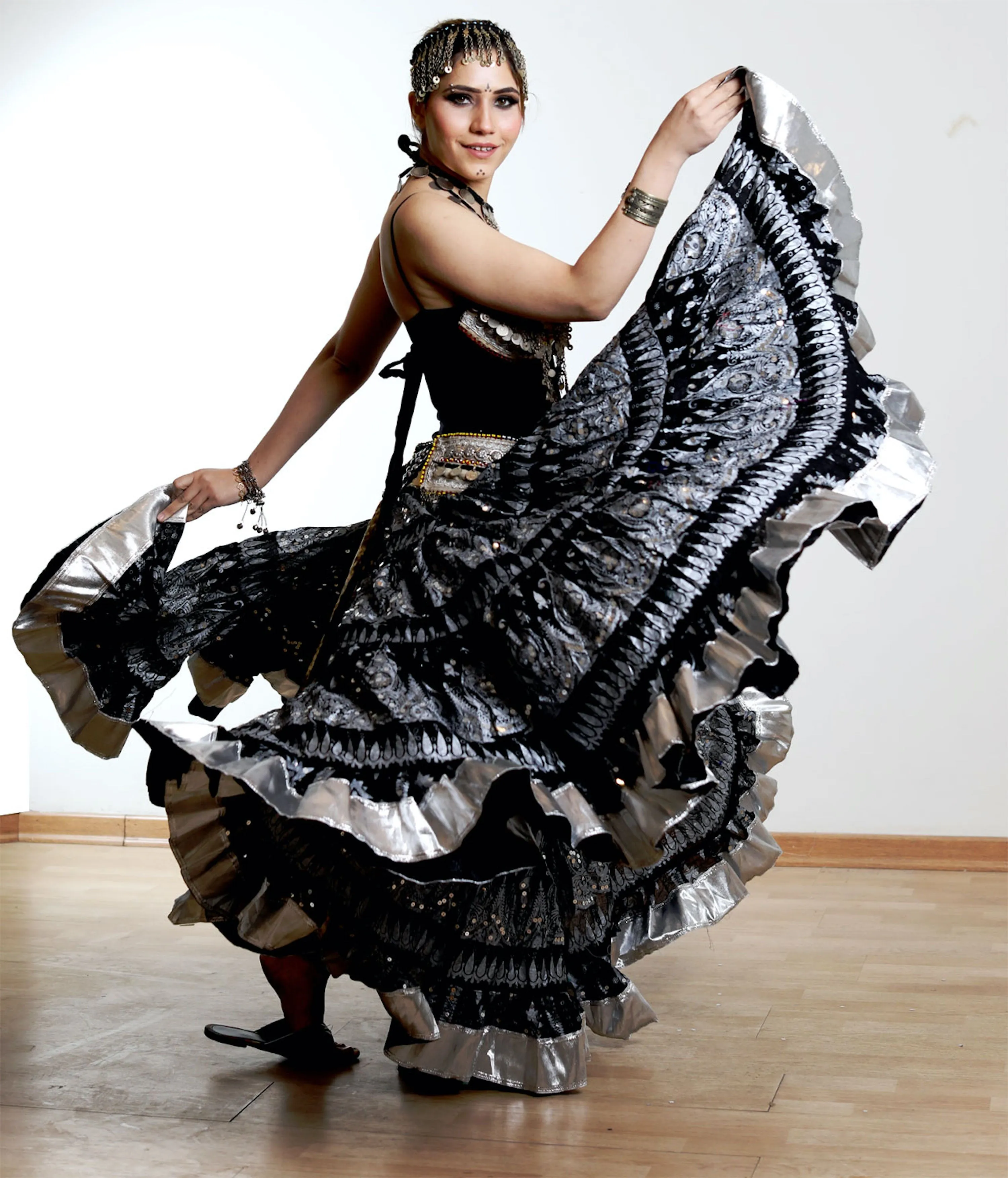 Block print skirt black beauty with shiny silver border WLS