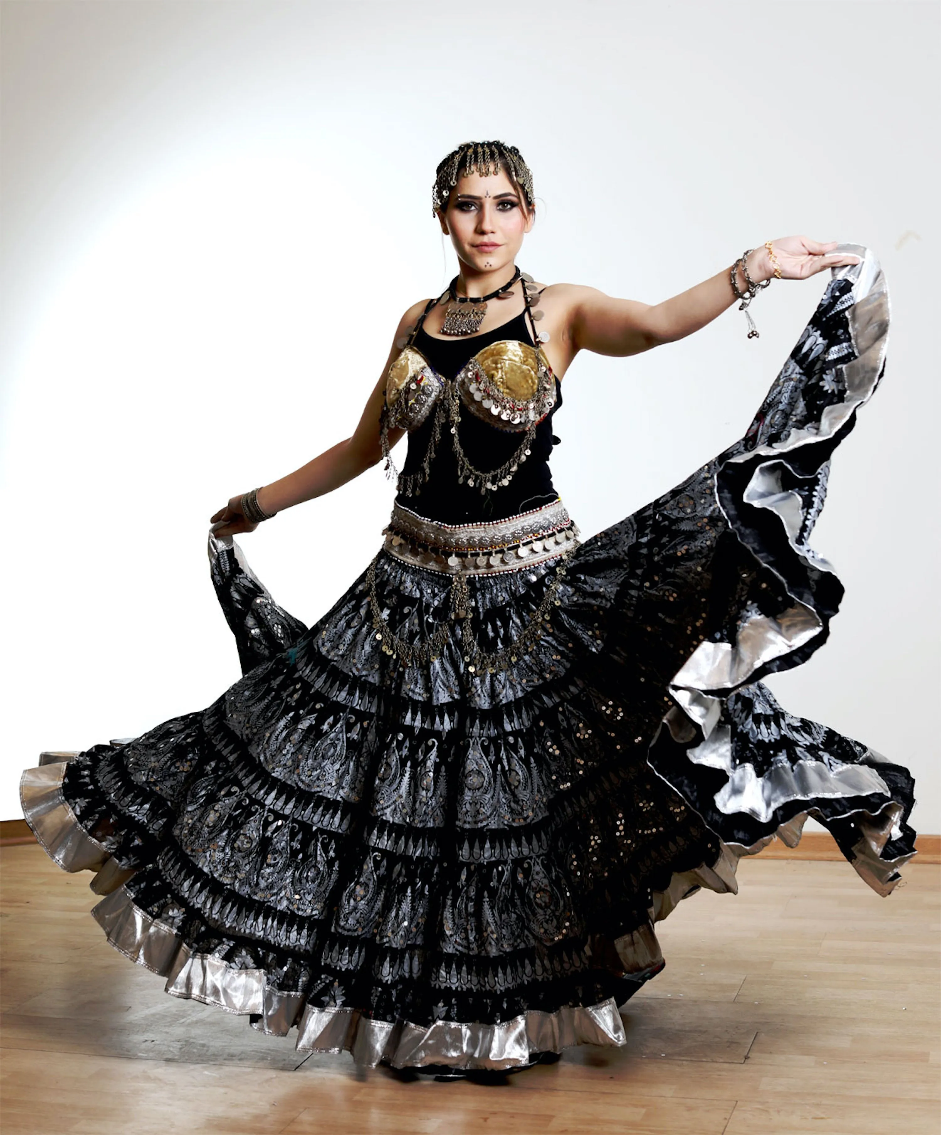 Block print skirt black beauty with shiny silver border WLS